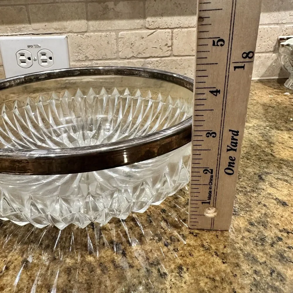 Vintage Crystal Candy Dish 8 Inch Fruit Bowl‎ Silverplate Rim Radiating MCM